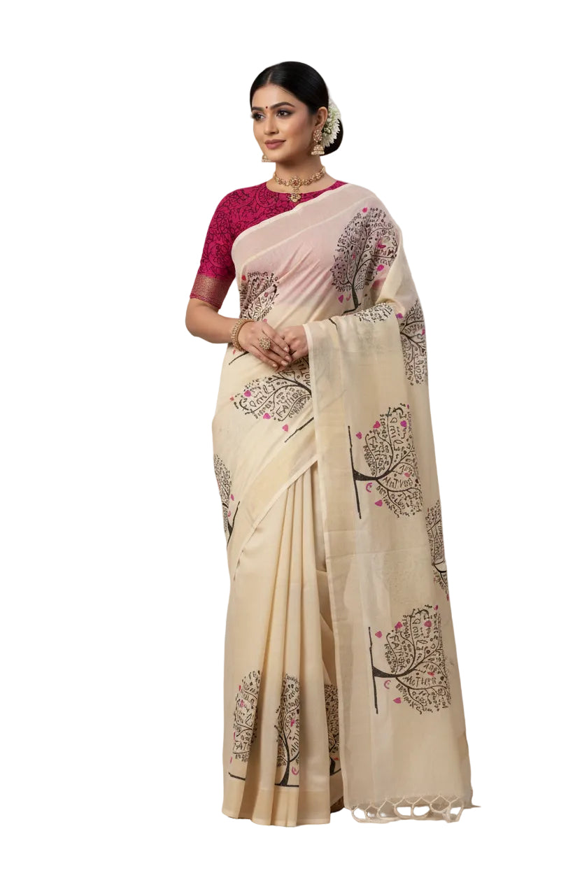 CREAM WITH PINK COLOR FLORAL PRINT SOUTH COTTON SAREE