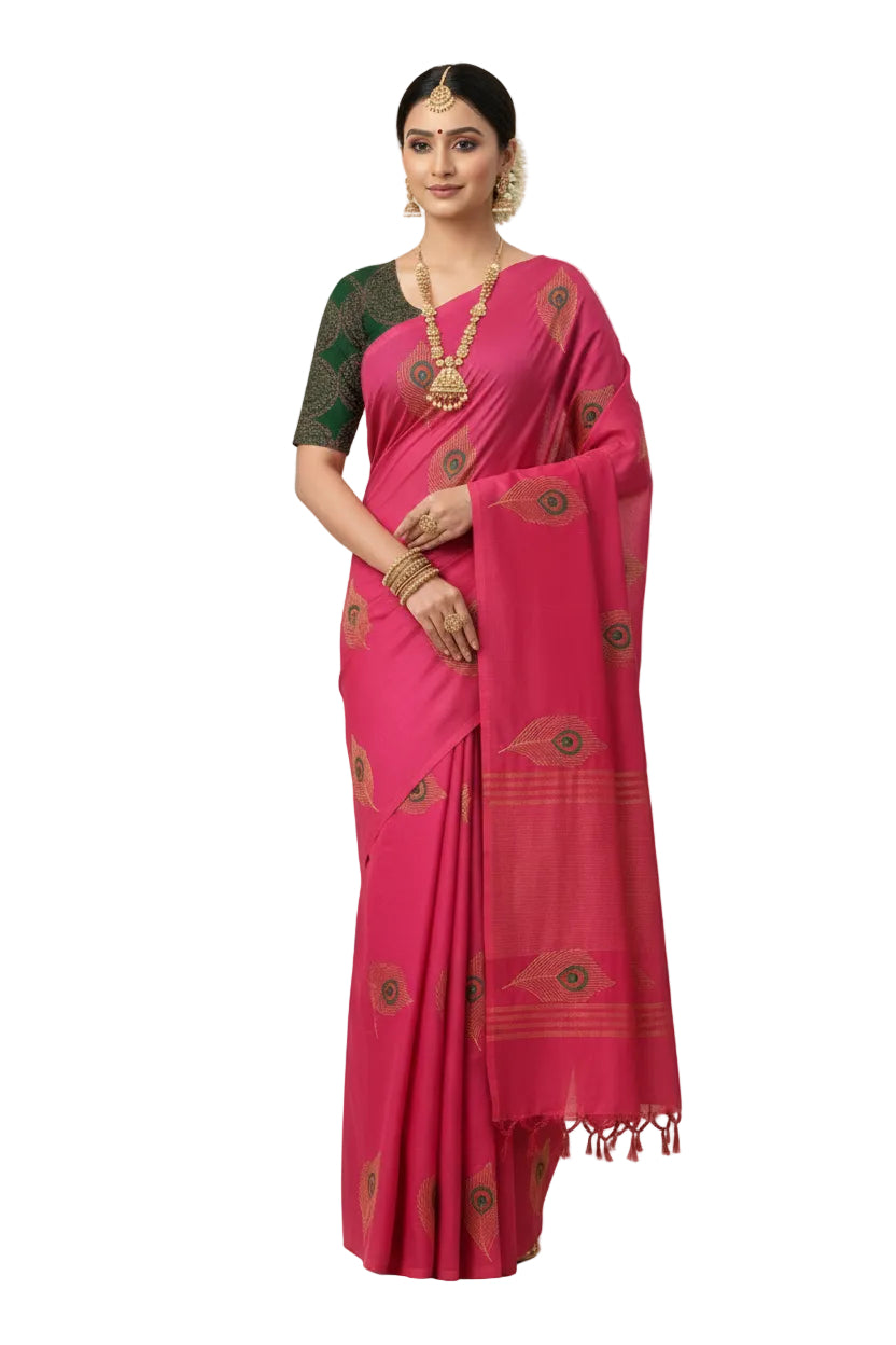 RANI PINK WITH PEACOCK FEATHER PRINTED SOUTH COTTON SAREE