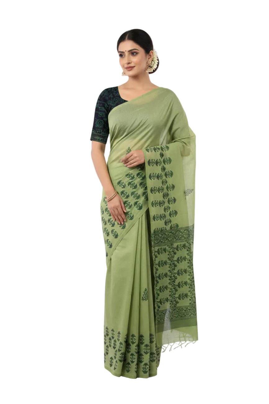PISTA GREEN WITH BLACK COLOR TRADITIONAL PRINT SOUTH COTTON SAREE