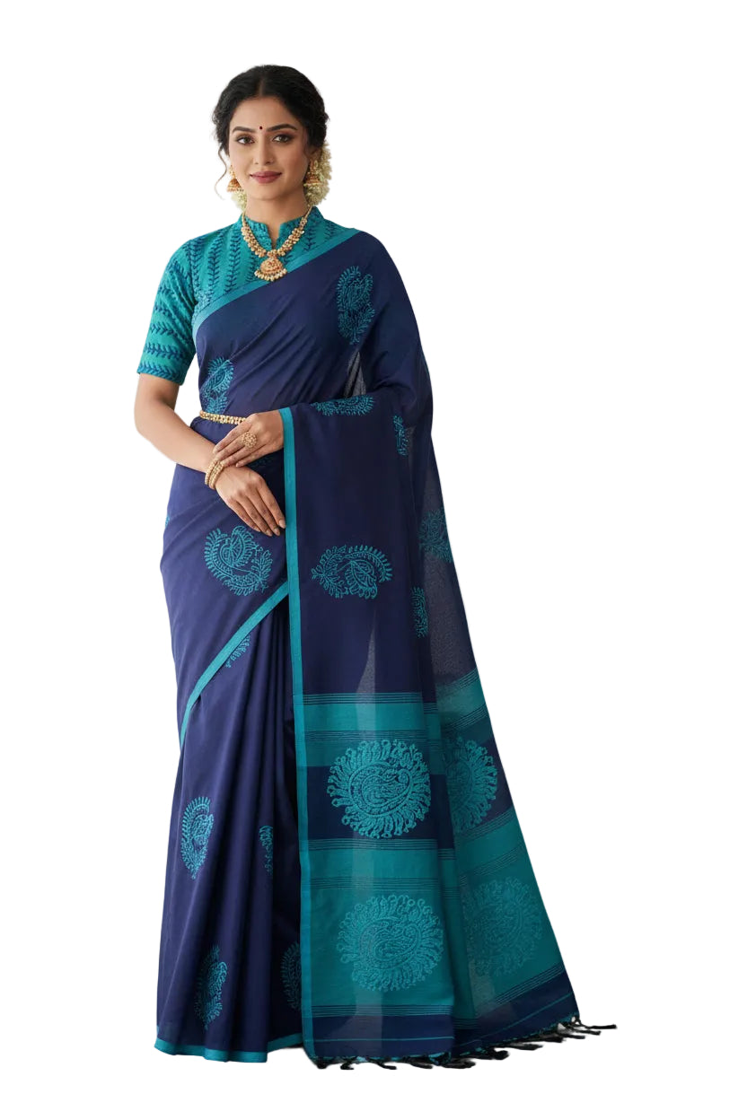 NAVY BLUE WITH SKYBLUE COLOR PRINTED SOUTH COTTON SAREE