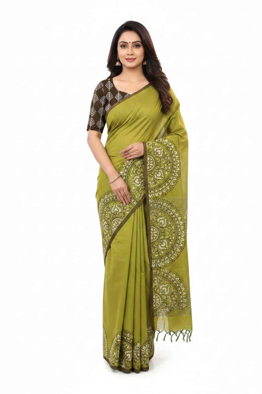 MEHNDI GREEN WITH BLACK PRINTED SOUTH COTTON SAREE