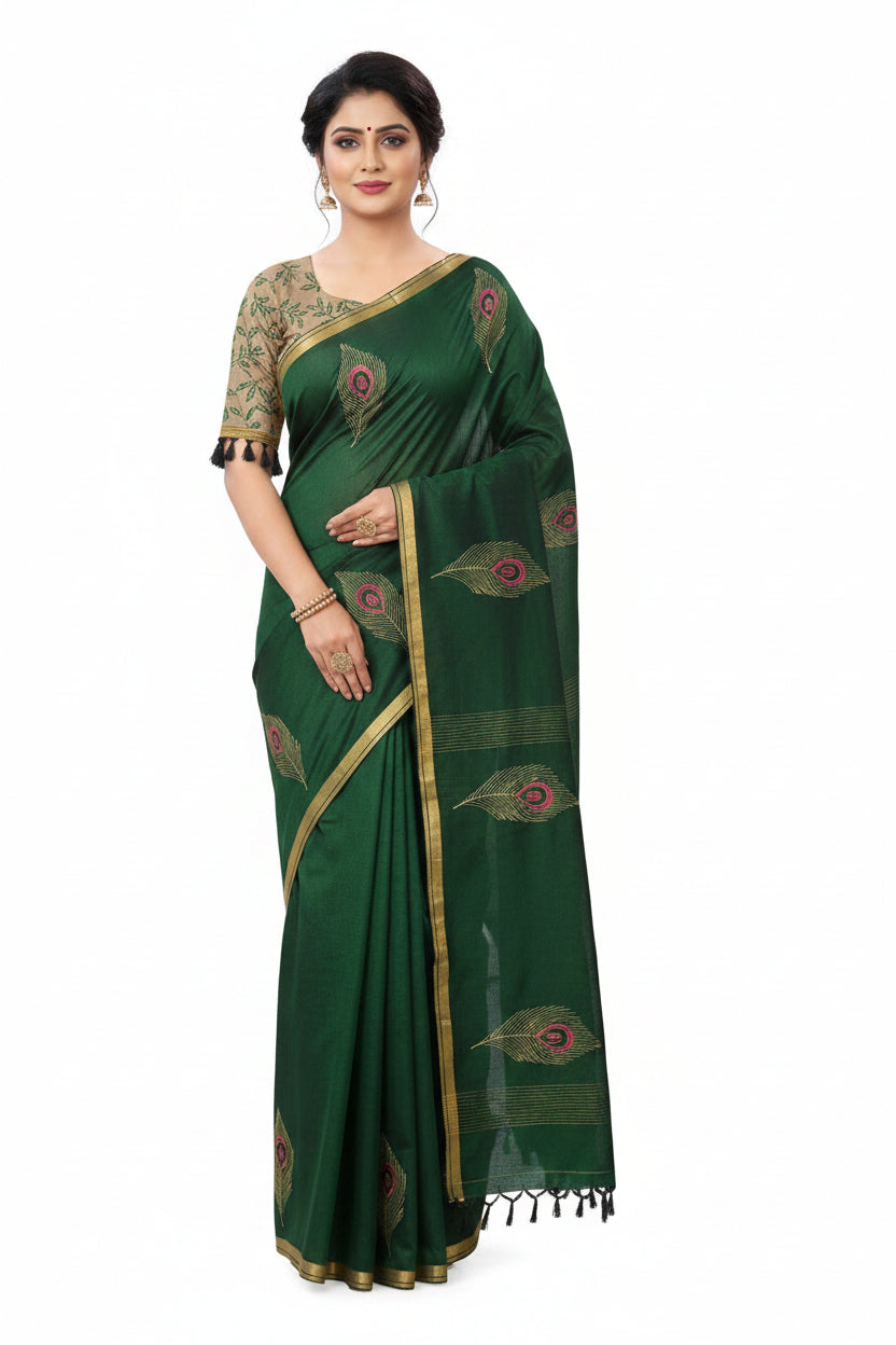 GREEN WITH BEIGE COLOR PRINTED SOUTH COTTON SAREE