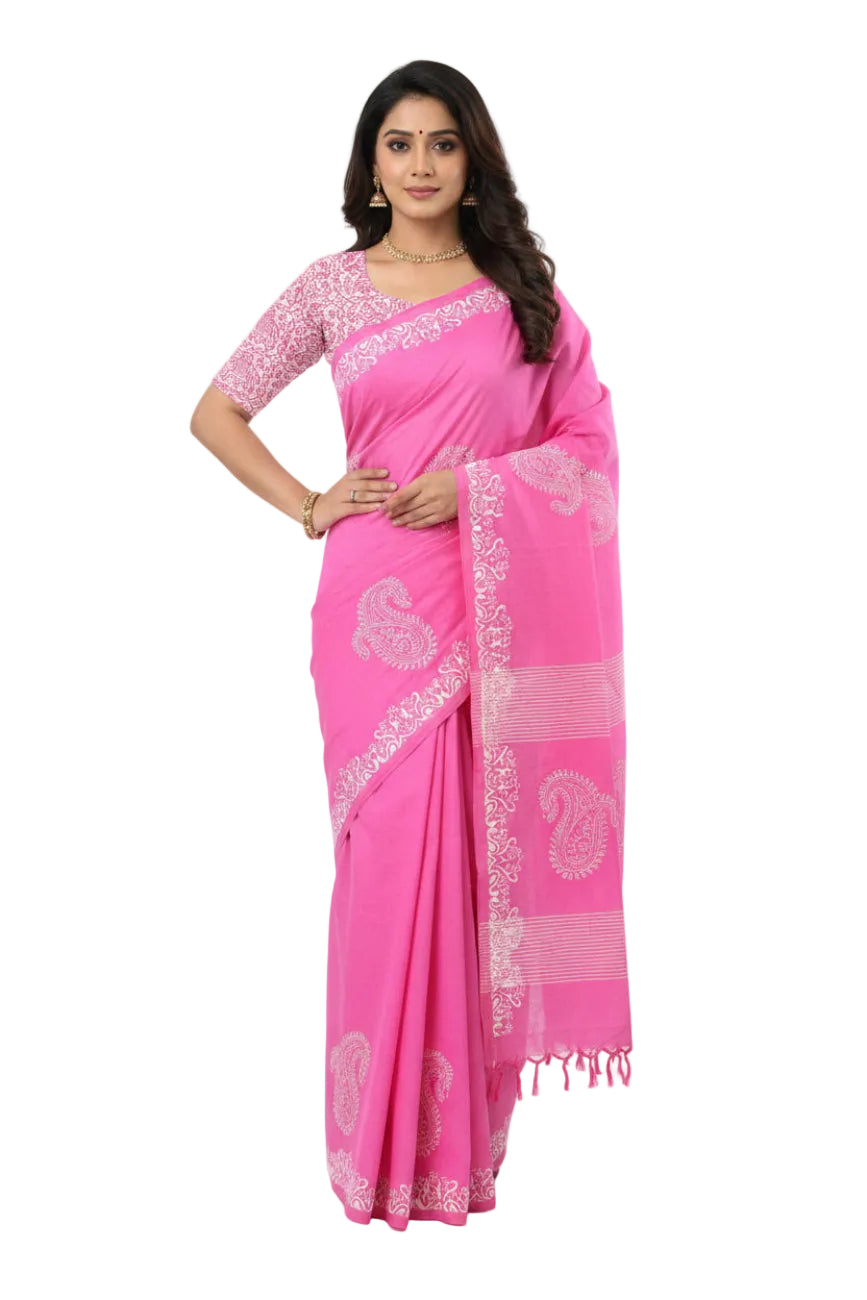 PINK WITH WHITE COLOR FLORAL PRINT SOUTH COTTON SAREE