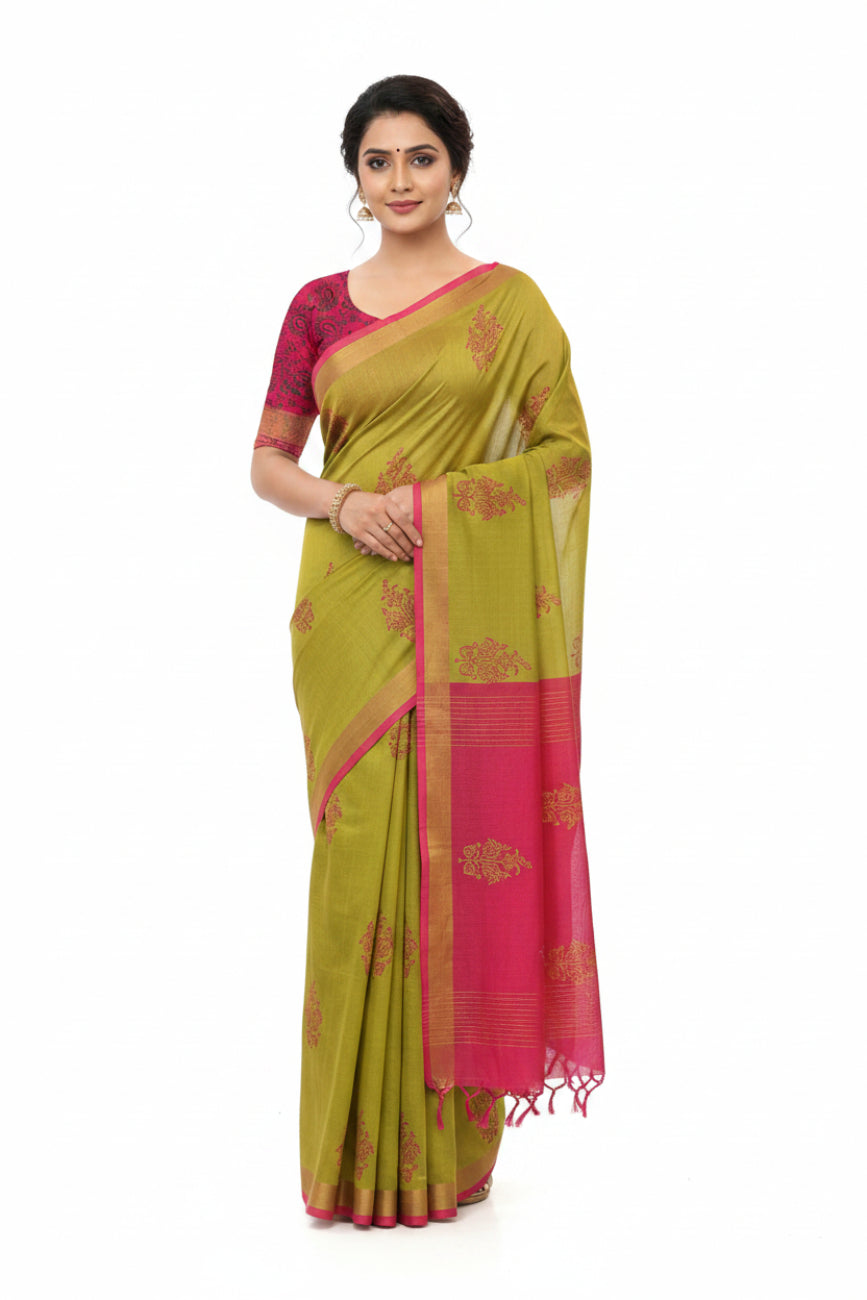 LEMON YELLOW WITH RANI PINK PRINTED SOUTH COTTON SAREE