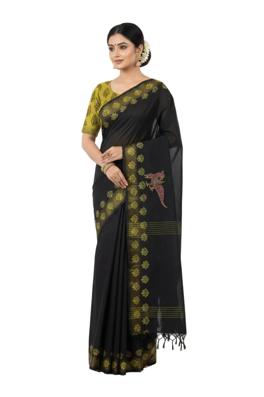 BLACK WITH YELLOW COLOR PRINTED SOUTH COTTON SAREE