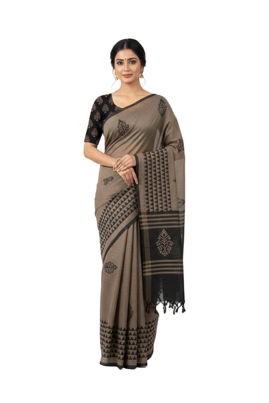 EARTHY BROWN WITH BLACK PRINTED SOUTH COTTON SAREE