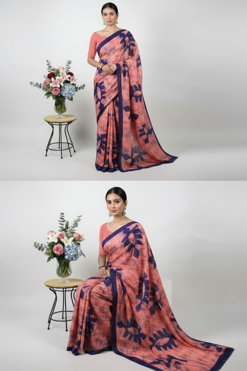 PEACH WITH NAVY BLUE COLOR MULMUL COTTON SAREE