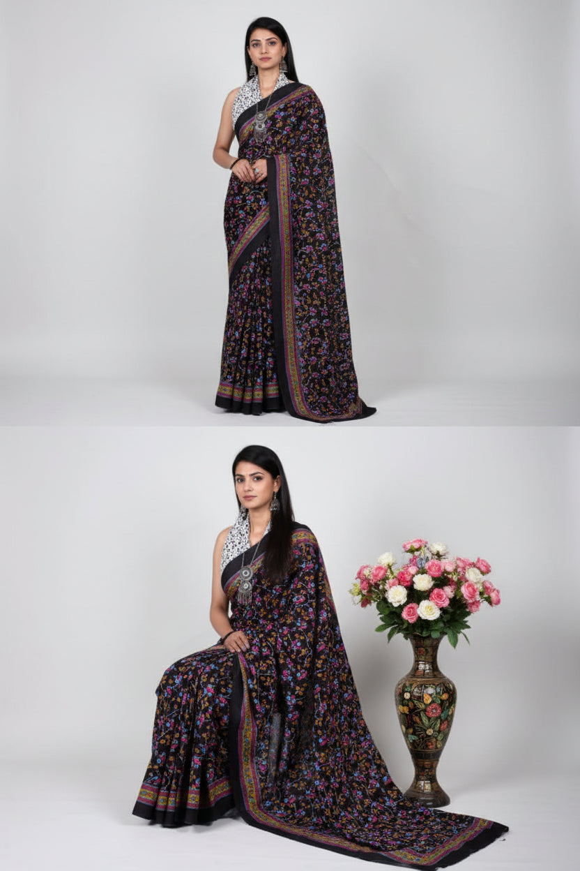 BLACK WITH MULTICOLOR FLORAL DESIGN MULMUL COTTON SAREE