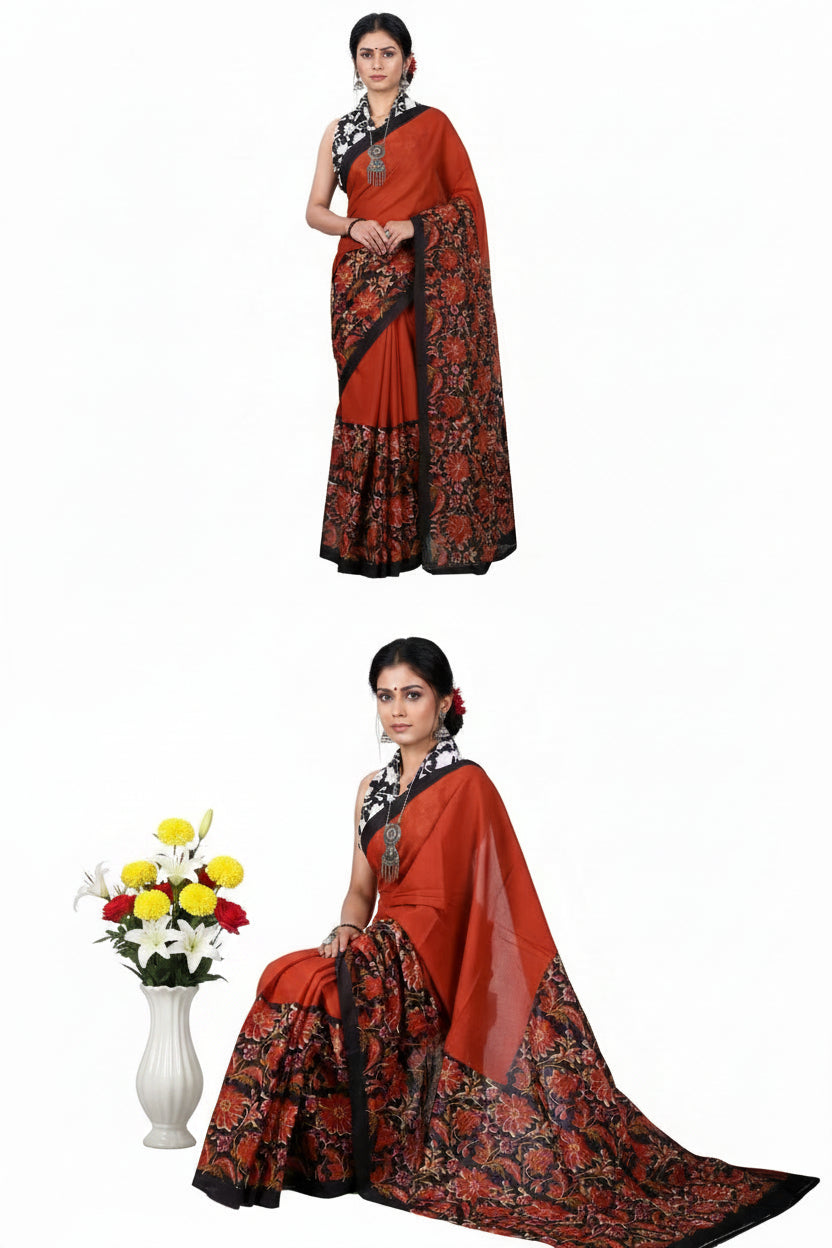 RED WITH BLACK COLOR FLORAL PRINT MULMUL COTTON SAREE