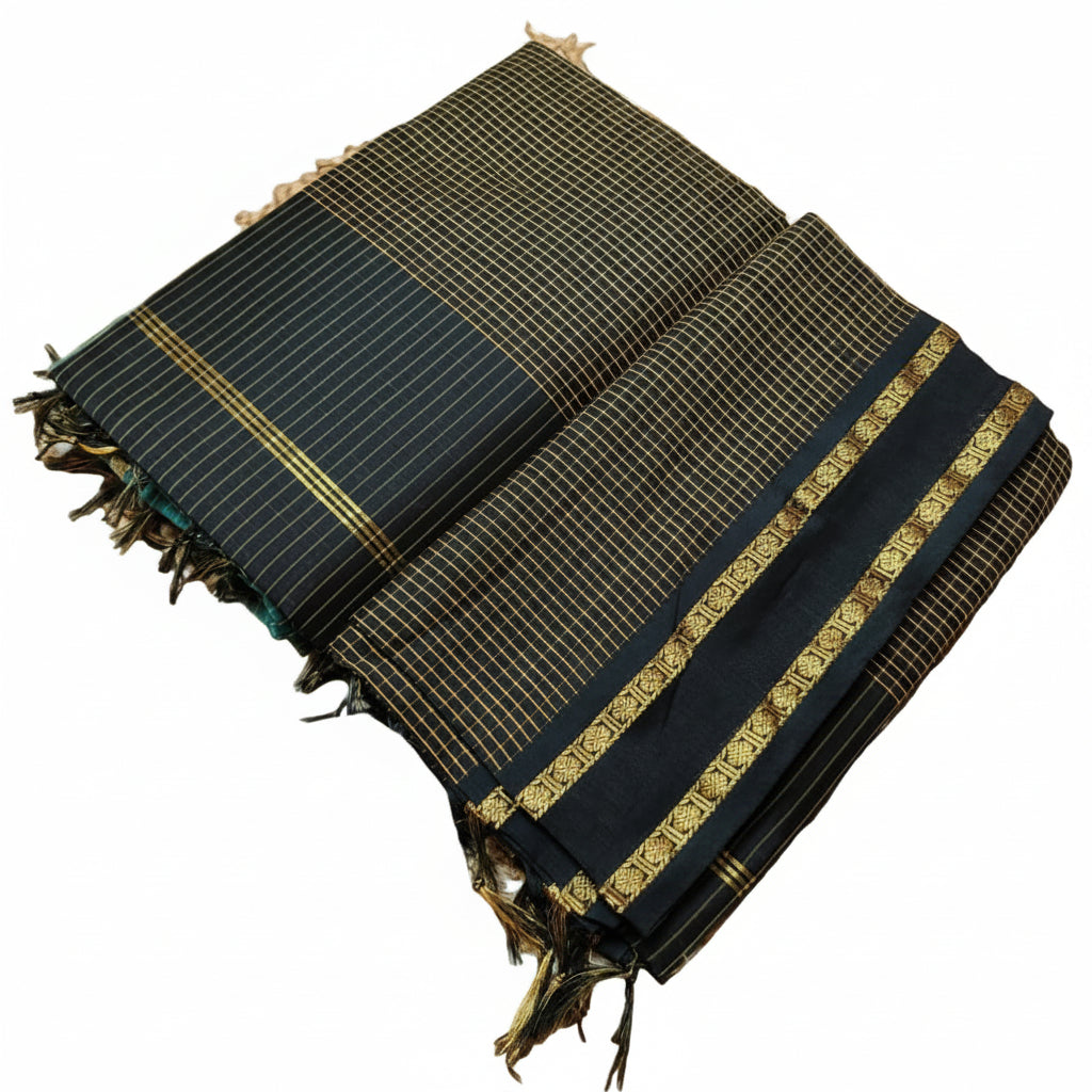 BLACK COLOR MUTHU KATTAM KALYANI CHECKED COTTON SAREE