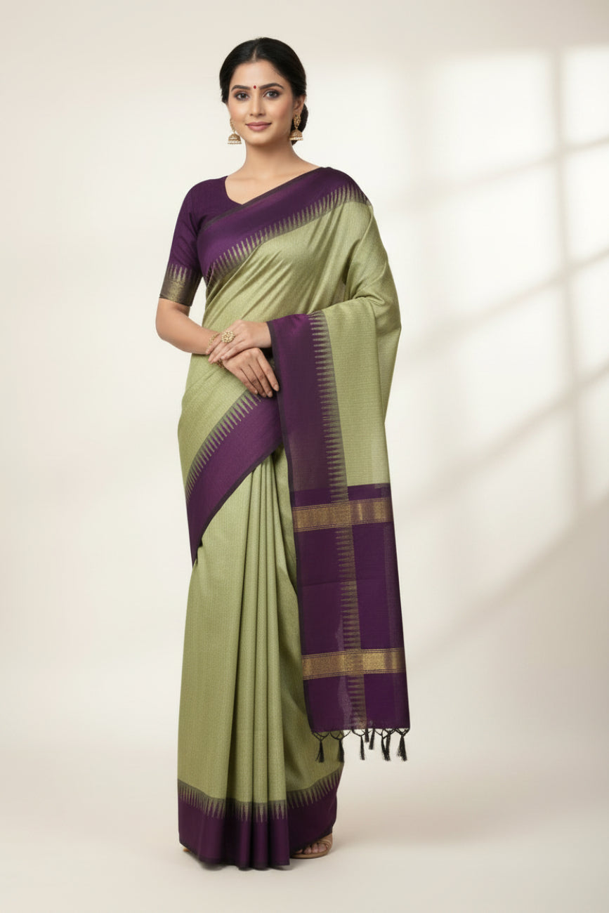 BEIGE AND DEEP PURPLE KALYANI COTTON SAREE