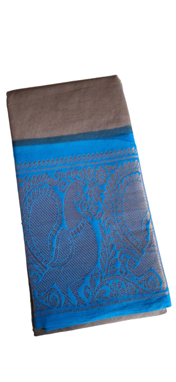 ASH BROWN WITH SKY BLUE COLOR MAYOORI COTTON SAREE
