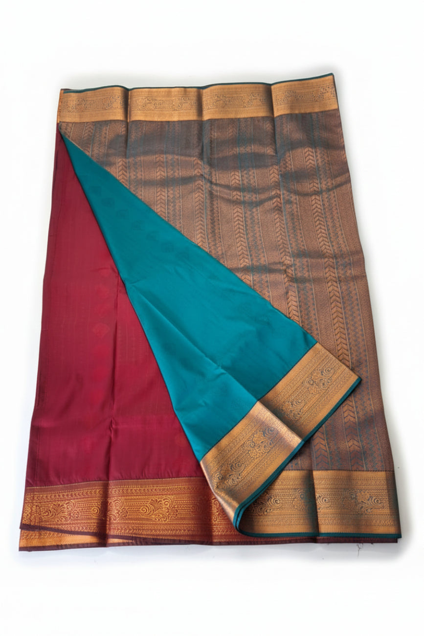 MAROON WITH PEACOCK GREEN SOFT SILK SAREE