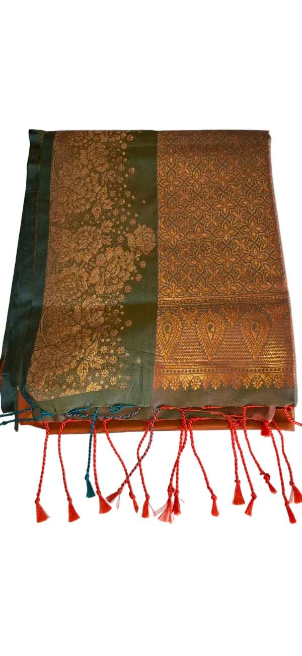 RUST ORANGE WITH OLIVE GREEN SOFT SILK SAREE