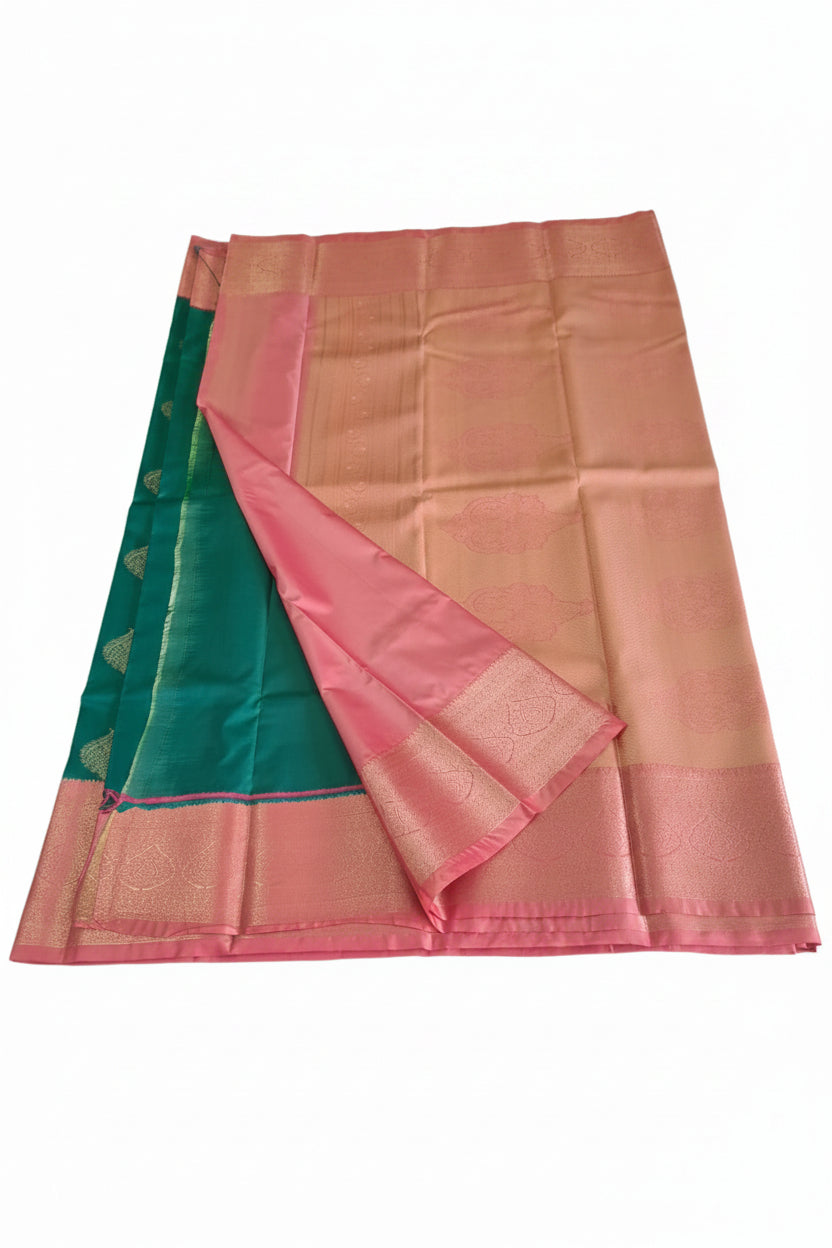 GREEN WITH PEACH COLOR KANCHI SEMI  SILK SAREE