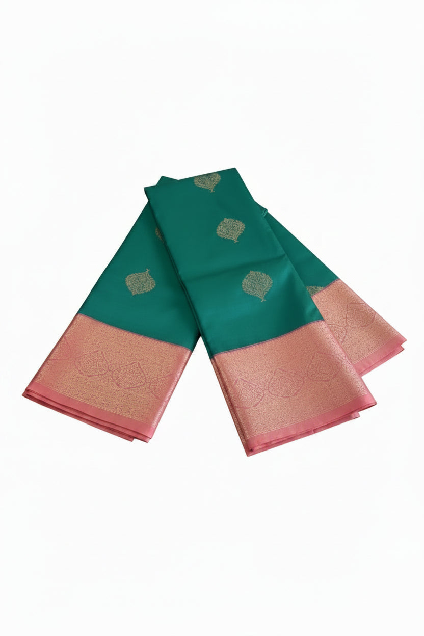 GREEN WITH PEACH COLOR KANCHI SEMI  SILK SAREE