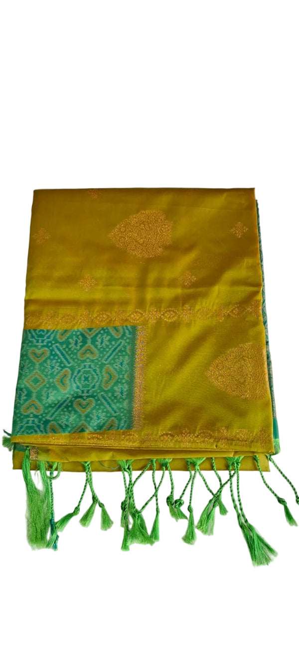 YELLOW WITH MINT GREEN KANJIPURAM SEMI SILK SAREE