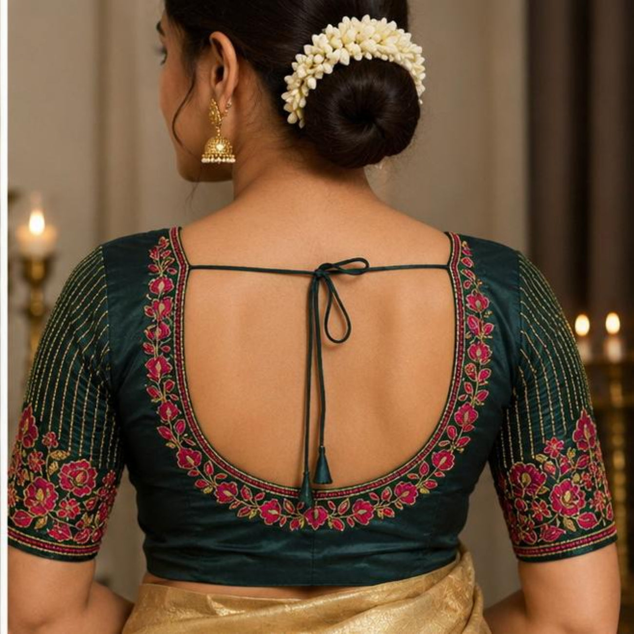 BOTTLE GREEN COLOR EMBROIDERY COTTON SILK BLOUSE PIECE