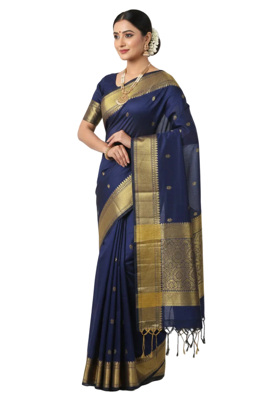 NAVY BLUE COLOR BIG BORDER MAHESWARI COTTON SAREE