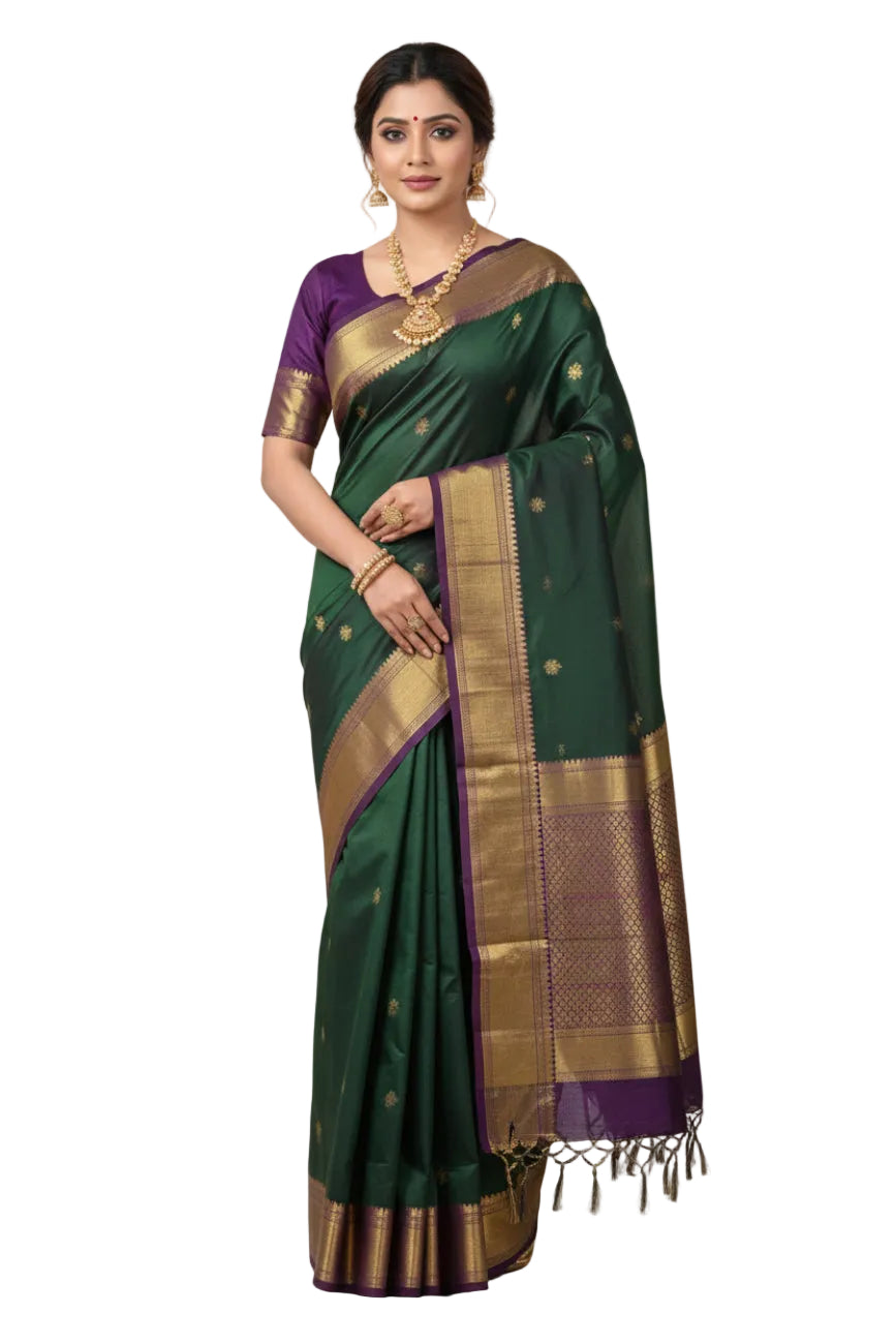 BOTTLE GREEN AND ROYAL PURPLE BIG BORDER MAHESWARI COTTON SAREE