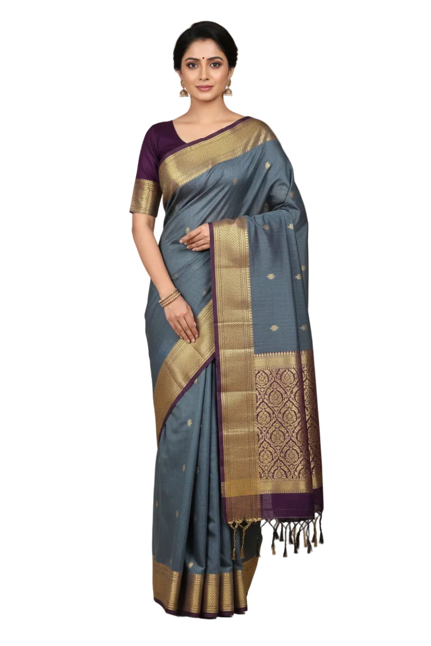 STEEL GRAY AND DEEP PURPLE BIG BORDER MAHESWARI COTTON SAREE
