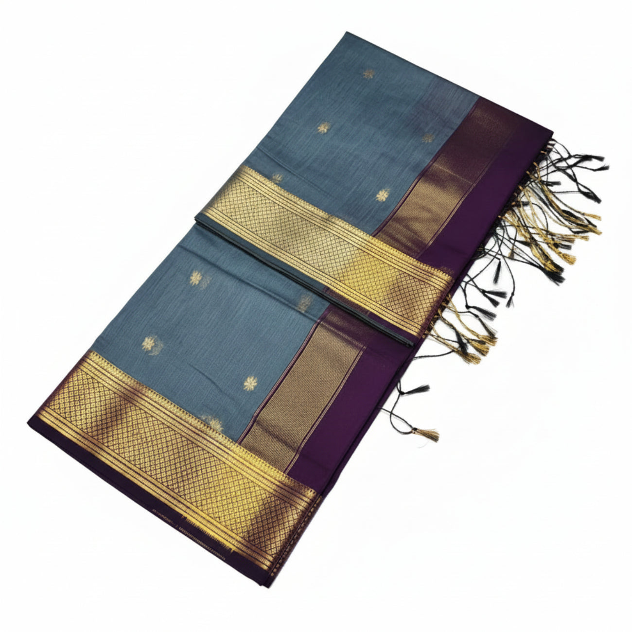 STEEL GRAY AND DEEP PURPLE BIG BORDER MAHESWARI COTTON SAREE