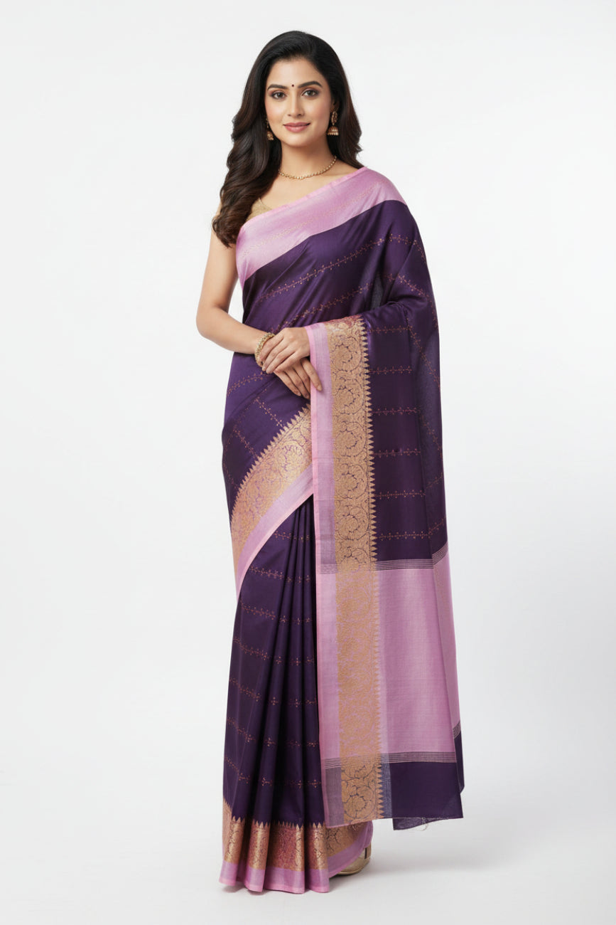 DEEP ROYAL PURPLE AND LAVENDER-PINK AARANI DOUBLE COLOUR SILK SAREE