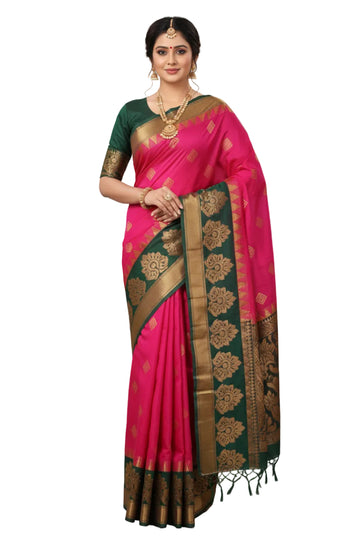 RANI PINK AND BOTTLE GREEN COLOR KOTTANJI SILK COTTON SAREE