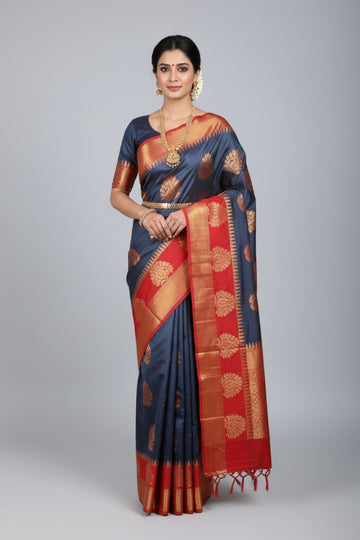 NAVY BLUE AND DEEP RED COLOR KOTTANJI SILK COTTON SAREE