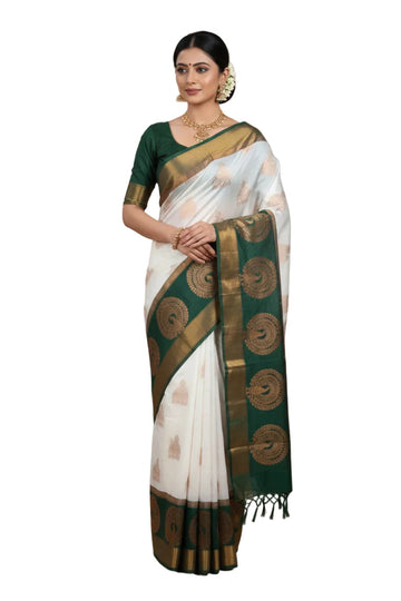 WHITE AND BOTTLE GREEN COLOR KOTTANJI SILK COTTON SAREE