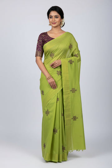 PARROT GREEN AND PURPLE PRINTED EMBROIDARY MIXED SOUTH COTTON SAREE