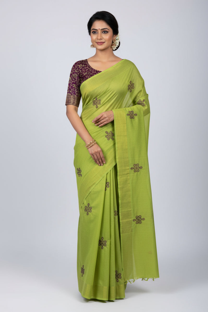 PARROT GREEN AND PURPLE PRINTED EMBROIDARY MIXED SOUTH COTTON SAREE