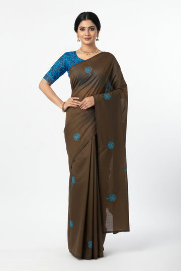 COFEE BROWN AND SKY BLUE EMBROIDERY MIXED SOUTH COTTON SAREE