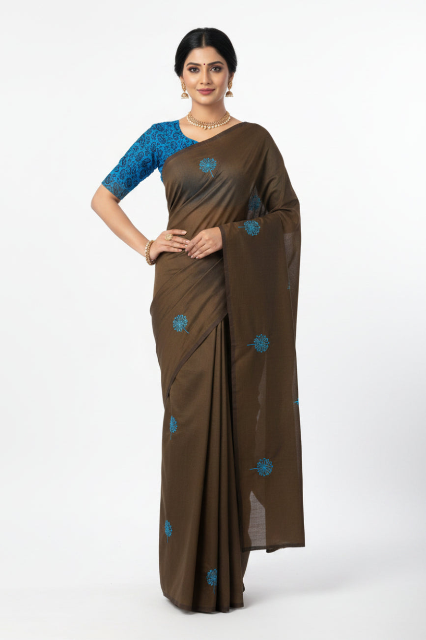 COFEE BROWN AND SKY BLUE EMBROIDERY MIXED SOUTH COTTON SAREE