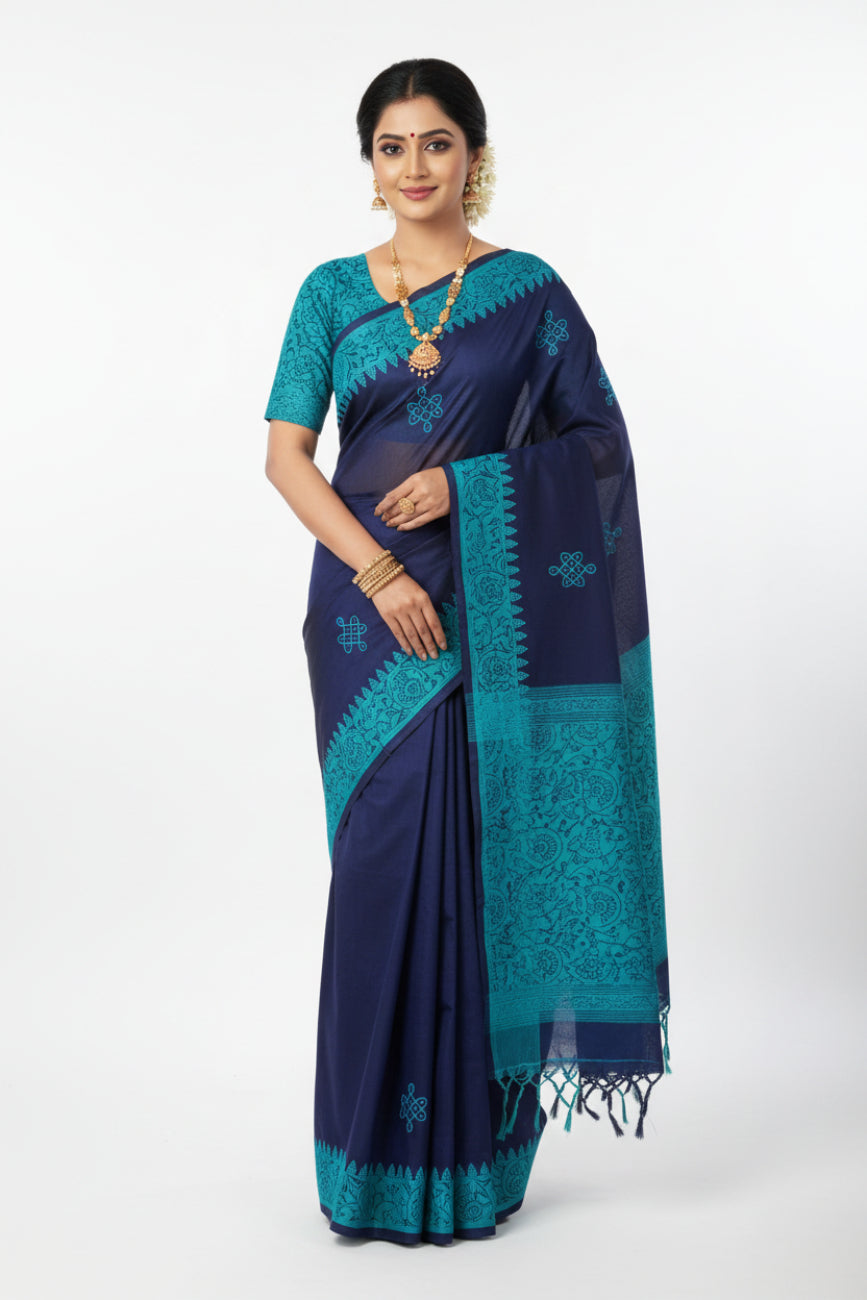 NAVY BLUE EMBROIDARY SOUTH COTTON SAREE
