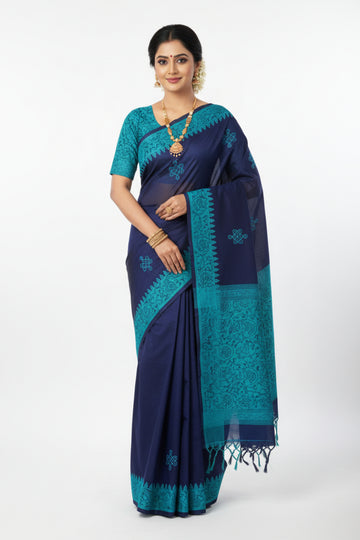 NAVY BLUE EMBROIDARY SOUTH COTTON SAREE