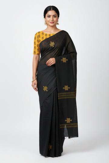 BLACK AND YELLOW EMBROIDERY SOUTH COTTON SAREE
