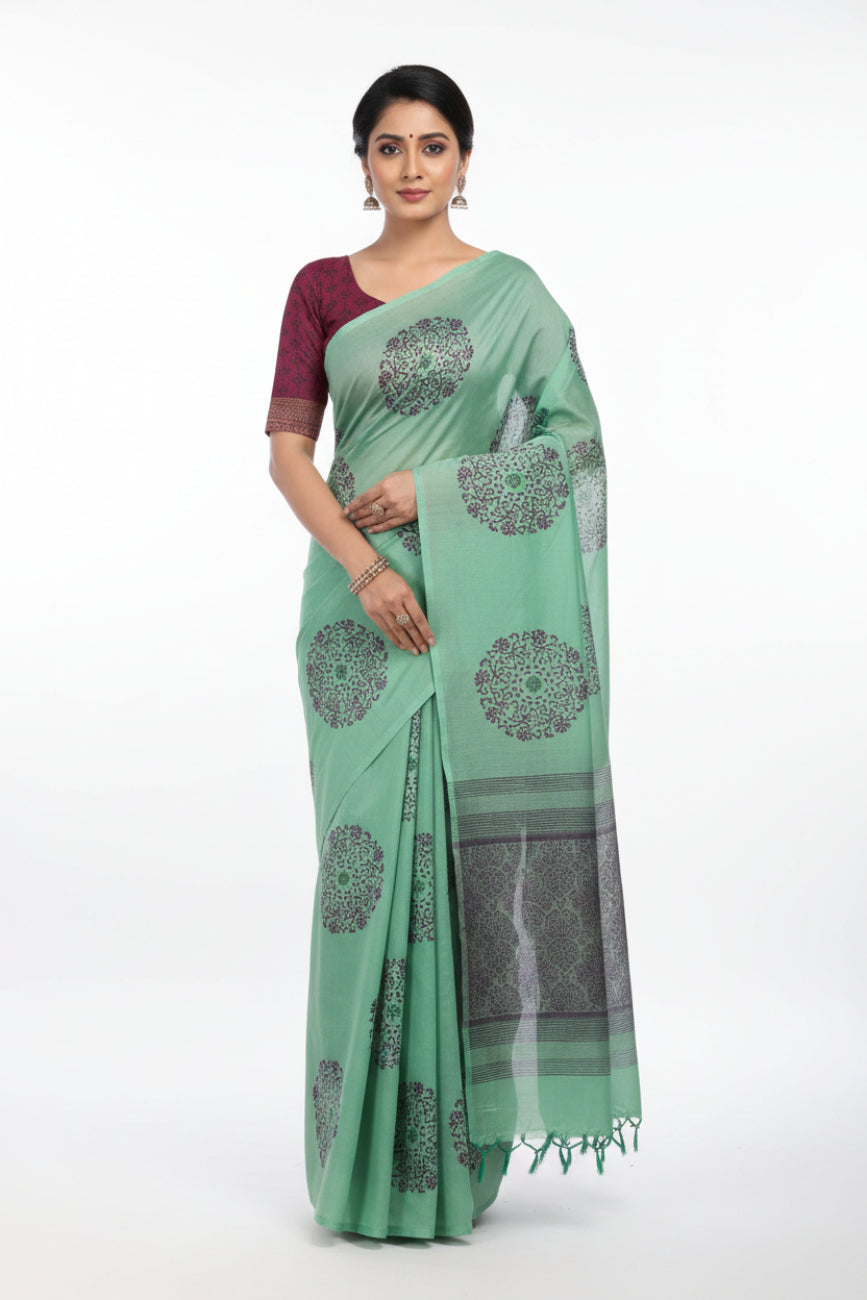 SEA GREEN AND DARK PURPLE SOUTH COTTON SAREE
