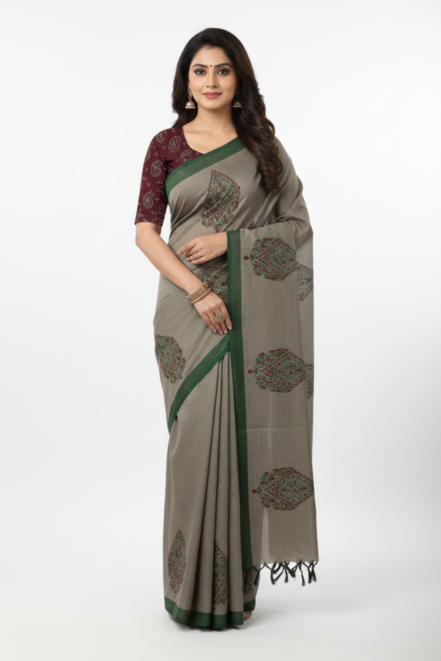 SAGE GREY AND MAROON SOUTH COTTON SAREE