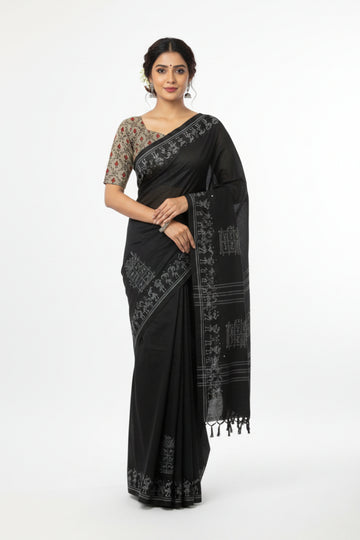 BLACK MATCHING PRINTED BLOUSE PIECE SOUTH COTTON SAREE