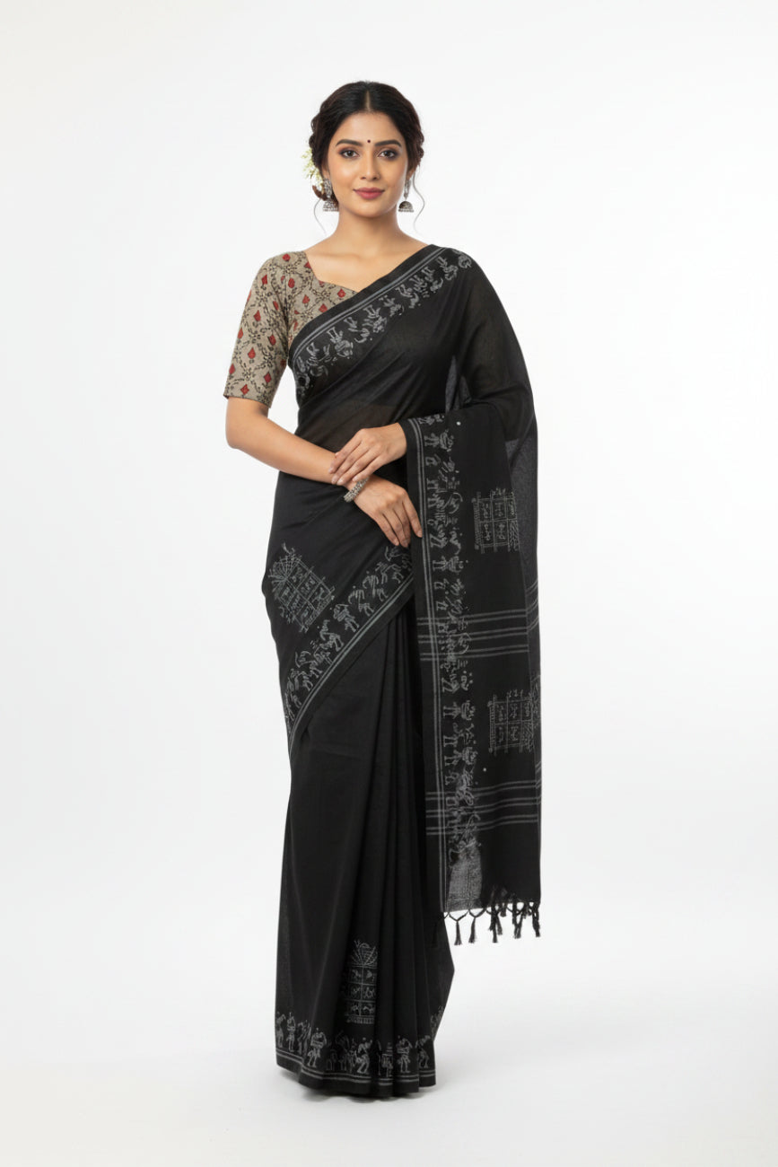 BLACK MATCHING PRINTED BLOUSE PIECE SOUTH COTTON SAREE