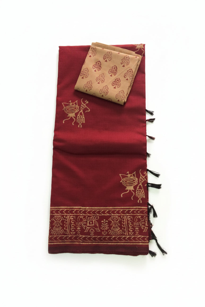 Maroon with Beige Printed Blouse South Cotton Saree