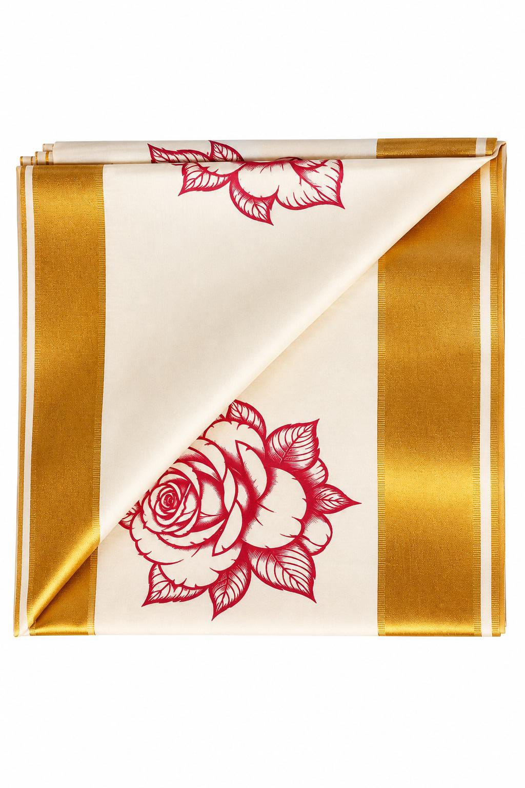 kerala kasavu cotton saree with red color rose printed designs