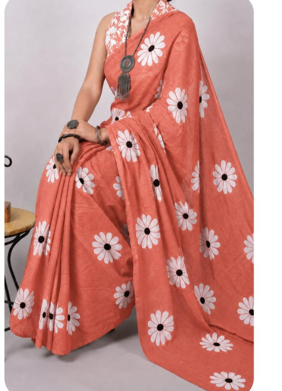 Orange with white floral print mulmul cotton saree