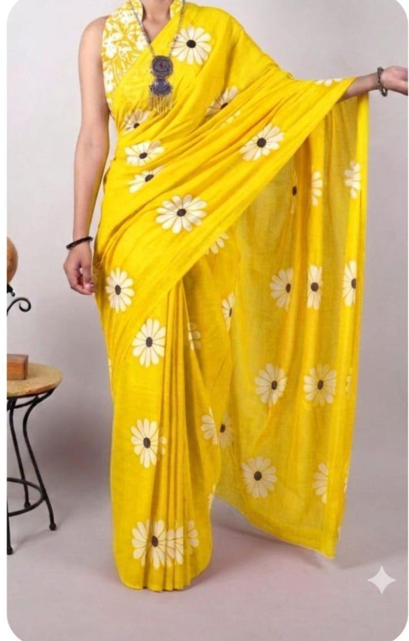 Yellow color with white floral print mulmul cotton saree