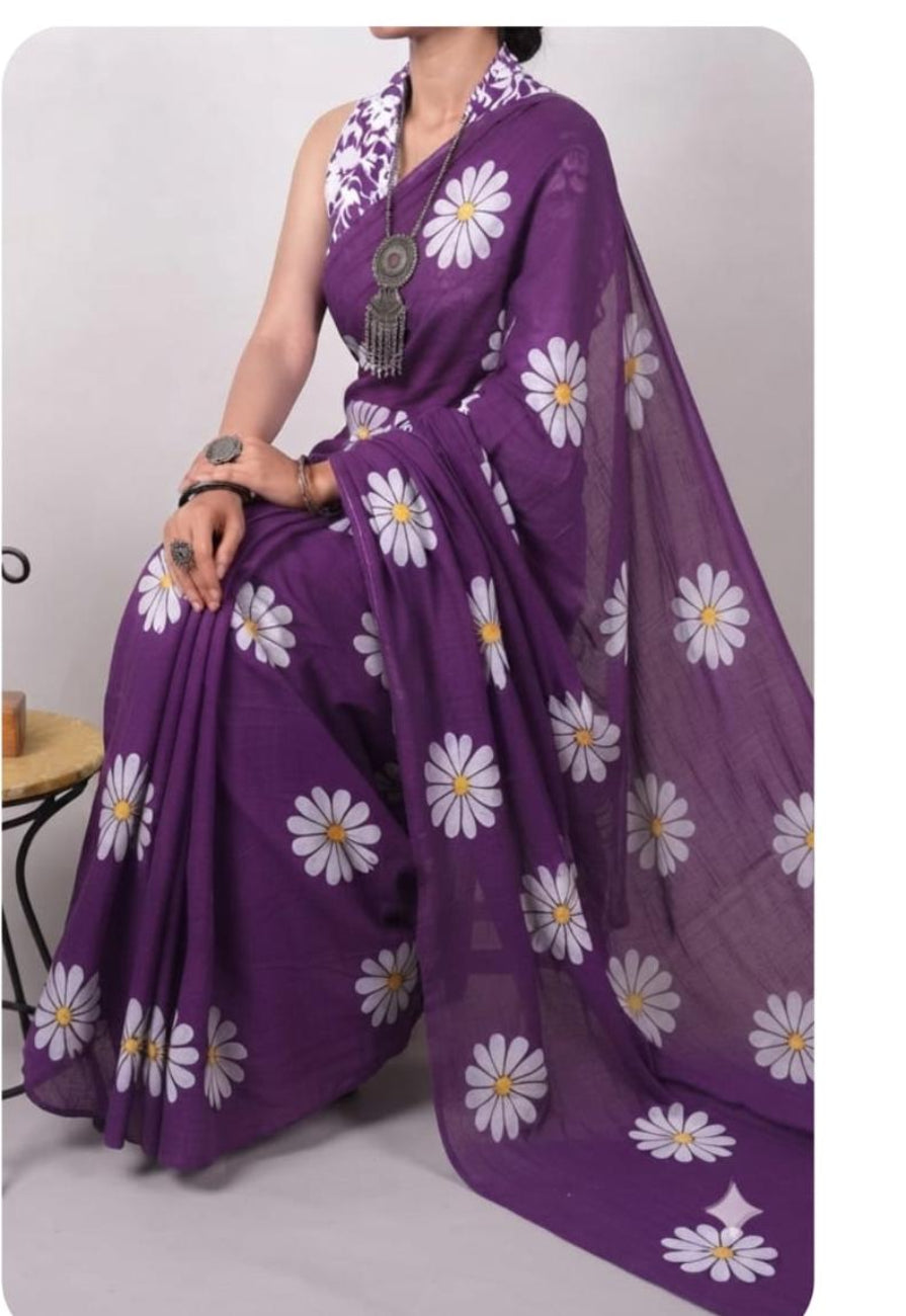 Purple color with white floral print mulmul cotton saree