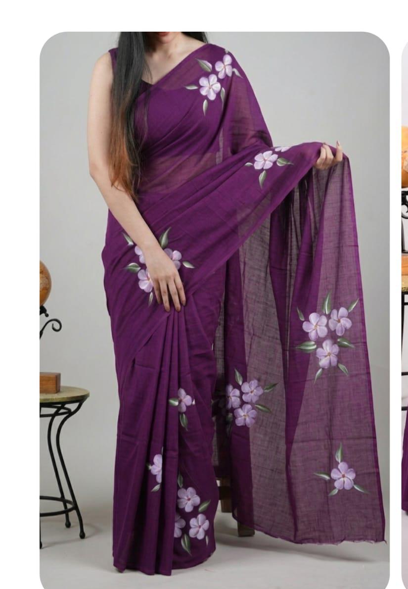 Deep purple color with white floral print mulmul cotton saree