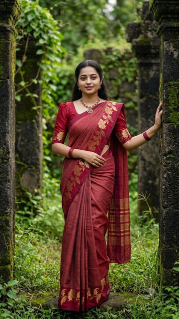 Maroon color with golden floral design tussar silk saree