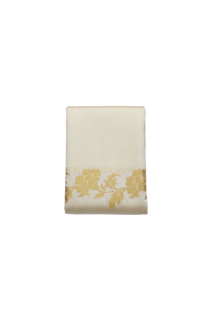 Off-white with golden floral design tussar silk saree