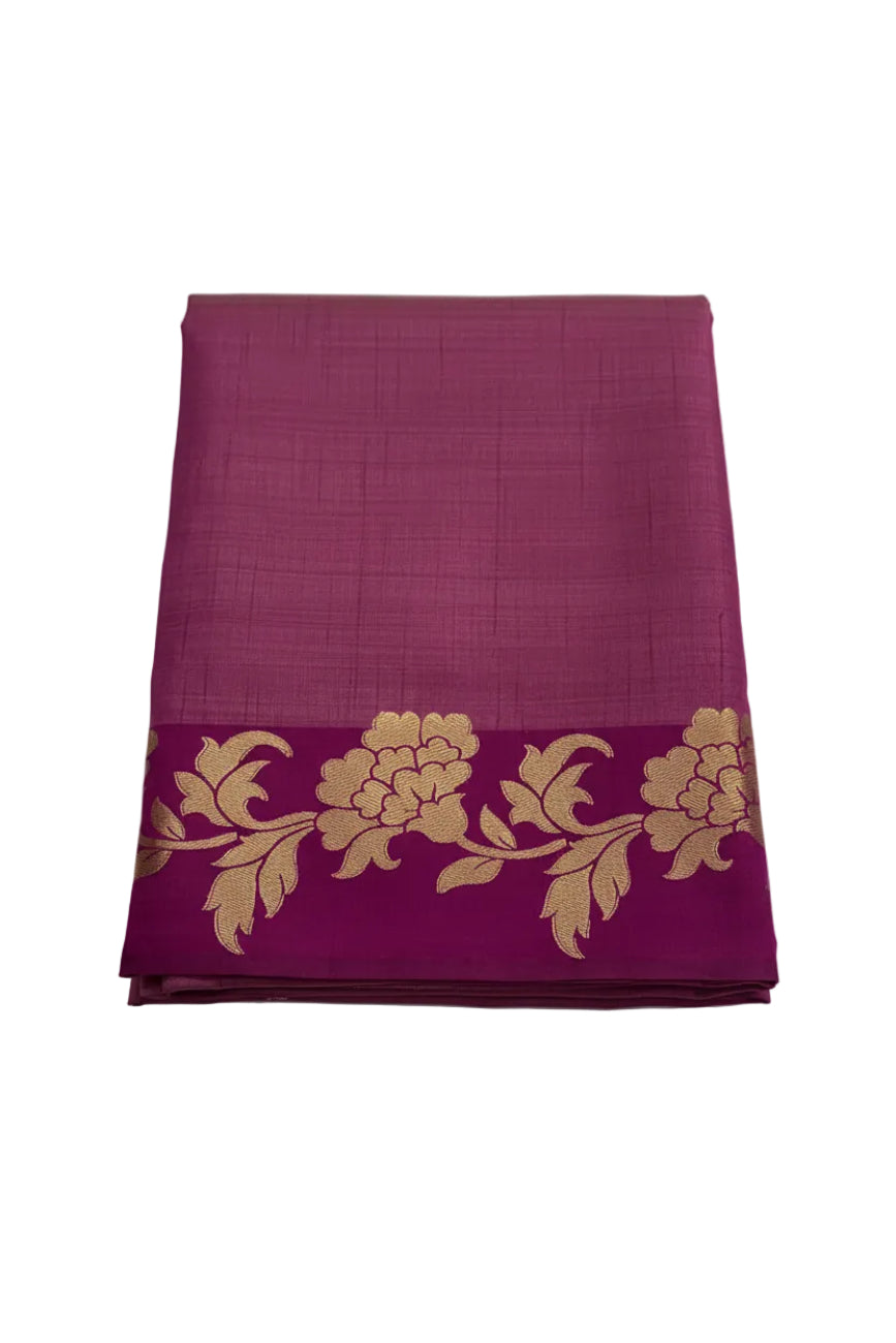 Plum pink with golden floral design tussar silk saree